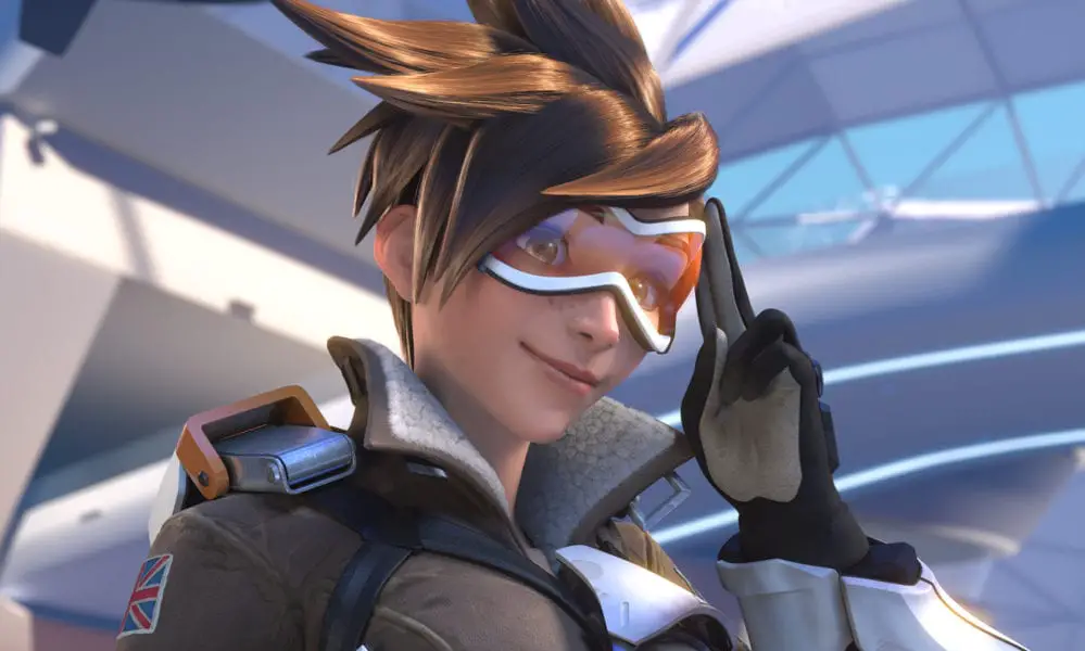 tracer game character, in black bikini, blonde hair