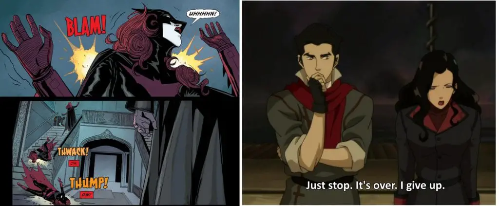 Kate, you beat Bane, the seven-foot tall super genius luchador who broke Batman's spine, with a rock. You took him down in less than a minute with a rock to the face. And yet, getting shot in the back of your bulletproof suit, THAT causes you to fall down the stairs and get KO'd? IN YOUR OWN FAMILY ESTATE?!