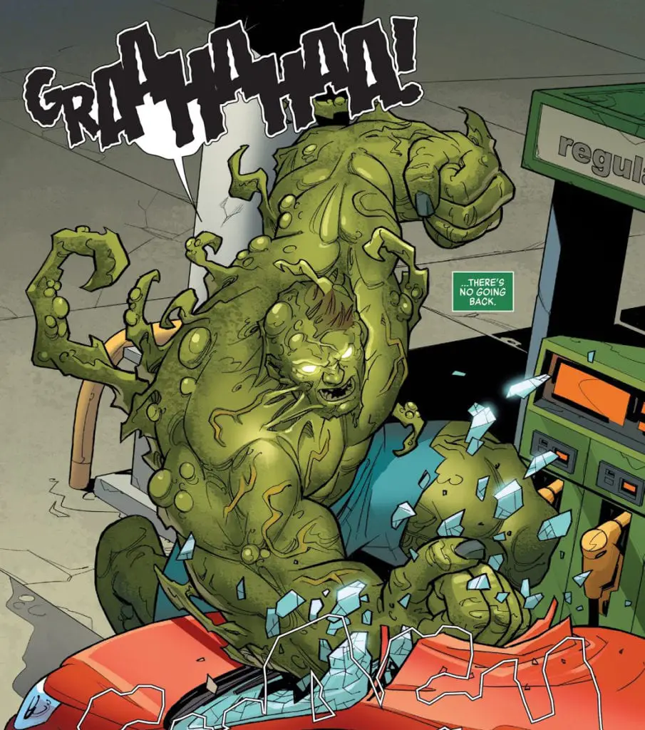 A monstrous Oliver smashes a car in Hulk #9