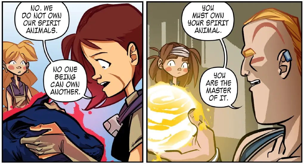 Two panels from Little Guardians contrasting Soma and Tane's approach to spirit animals.