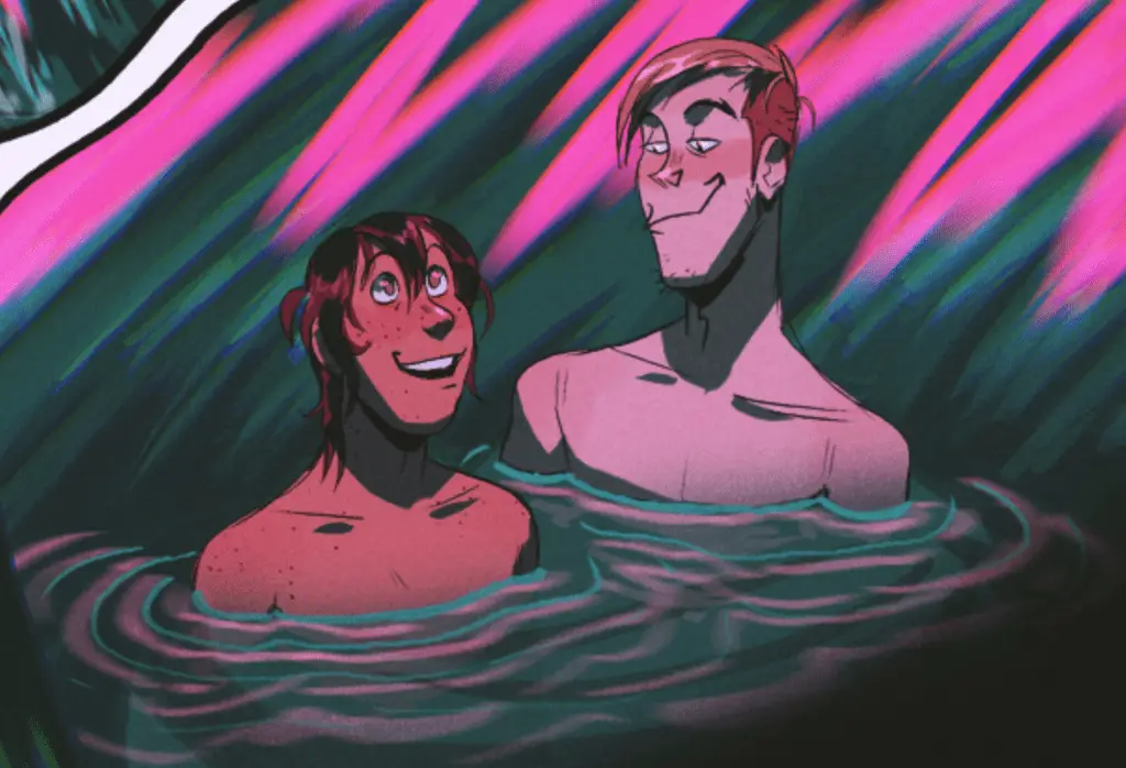 Mitch and Jonas swimming, water up to their shoulders. Jonas looks up in wonder at a wall of water Mitch is creating with his telekinesis, lit up with Jonas' supernatural pink lights.