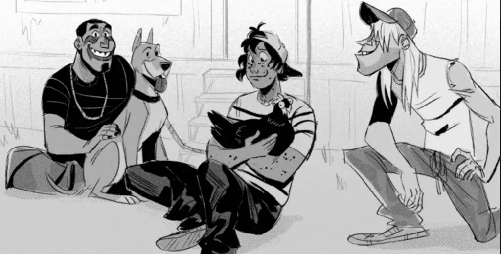 Jonas sits on the ground smiling and holding a chicken in his arms. Javier and Cliff look on, grinning happily. Javier pets a dog who is on a chain.