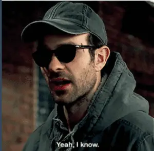 Closeup of Matt wearing dark glasses, and a cap and hoodie in drab gray. Caption: "Yeah, I know."