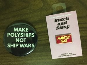 Pins available for sale at ClexaCon 2019: make polyships not ship wars, mostly gay
