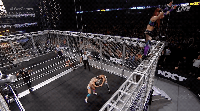 Io Shirai does a moonsault off of the top of the War Games cage