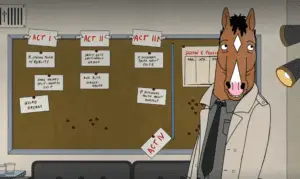 Bojack Horseman stands in front of a bulletin board with cards taped up saying things like: "P. loses touch with reality"; "Some trippy split-identity shit"; "P. discovers truth about himself"