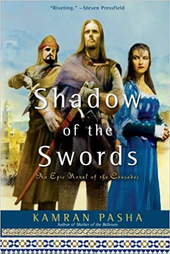 A picture of two men and a woman with the words Shadow of the Swords overlaid, book cover, Kamran Pasha