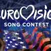 eurovision song contest in white text over blurry image of crowd with american flag underneath