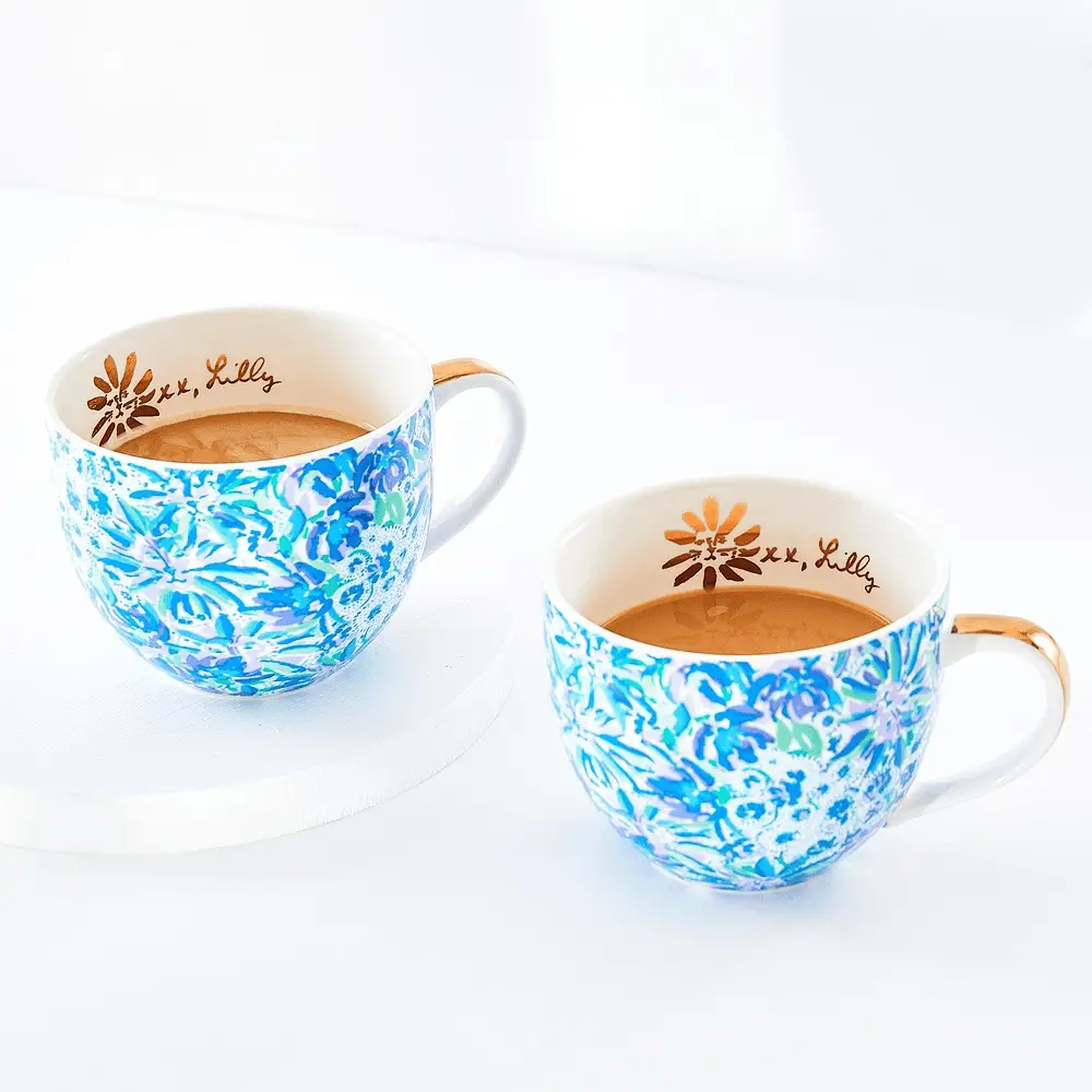 blue green floral print mugs