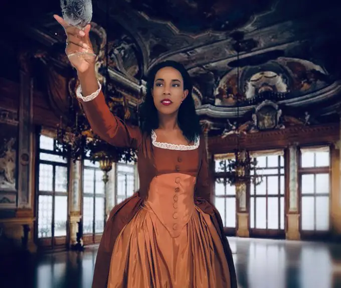 Reina Valentine's Cosplay of Angelica Schuyler, a character from the Hamilton Musical