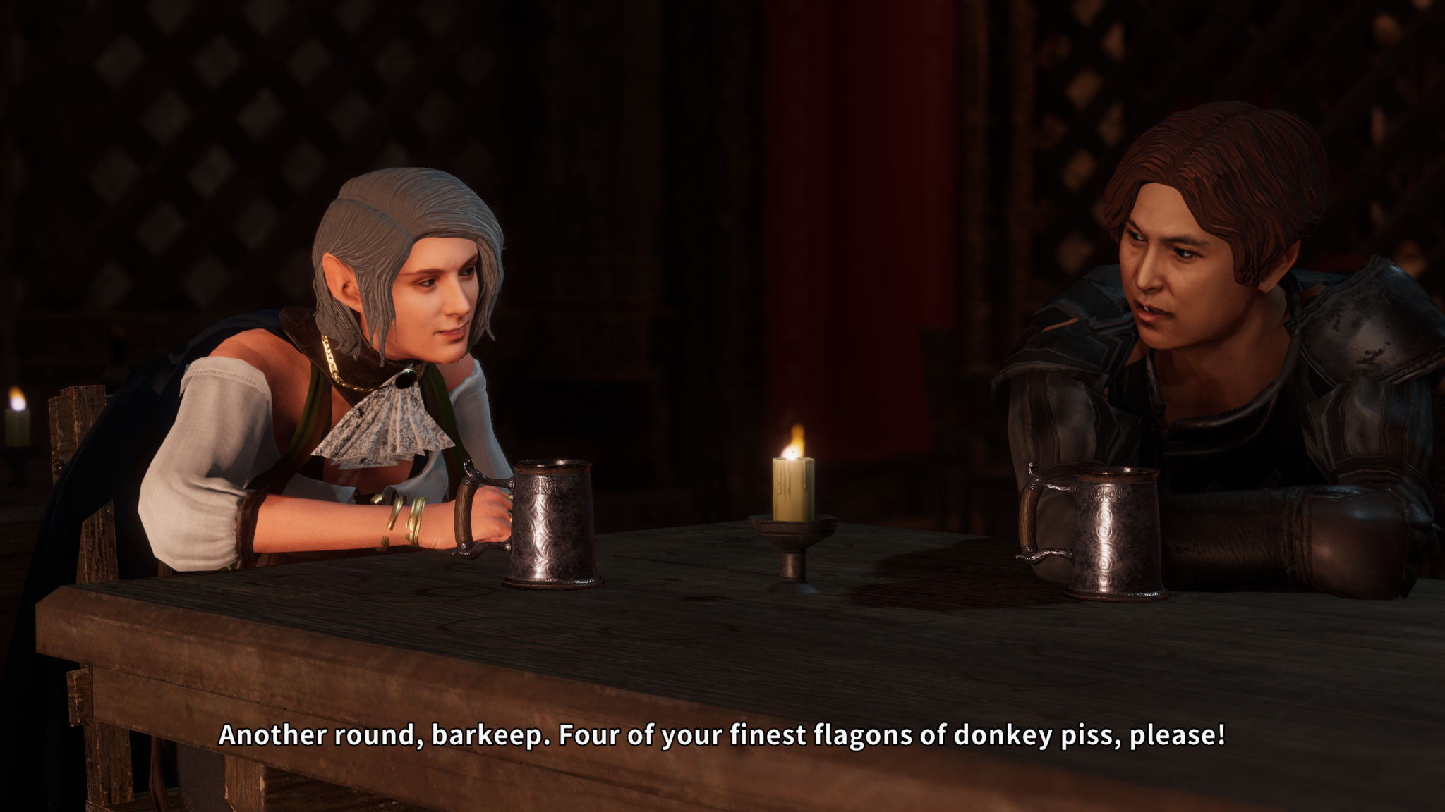 Two Solasta characters in a tavern