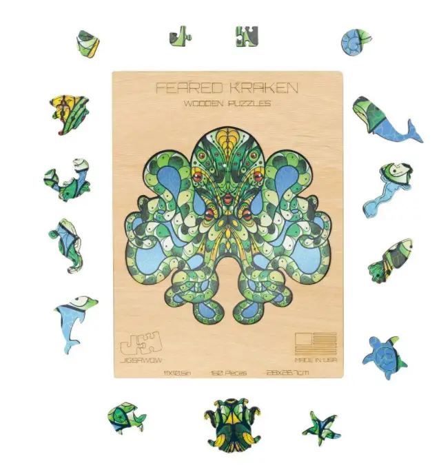 JigsaWow Puzzles Cunningly Difficult Entertainment 2 cartoon kraken puzzle in greens and blues
