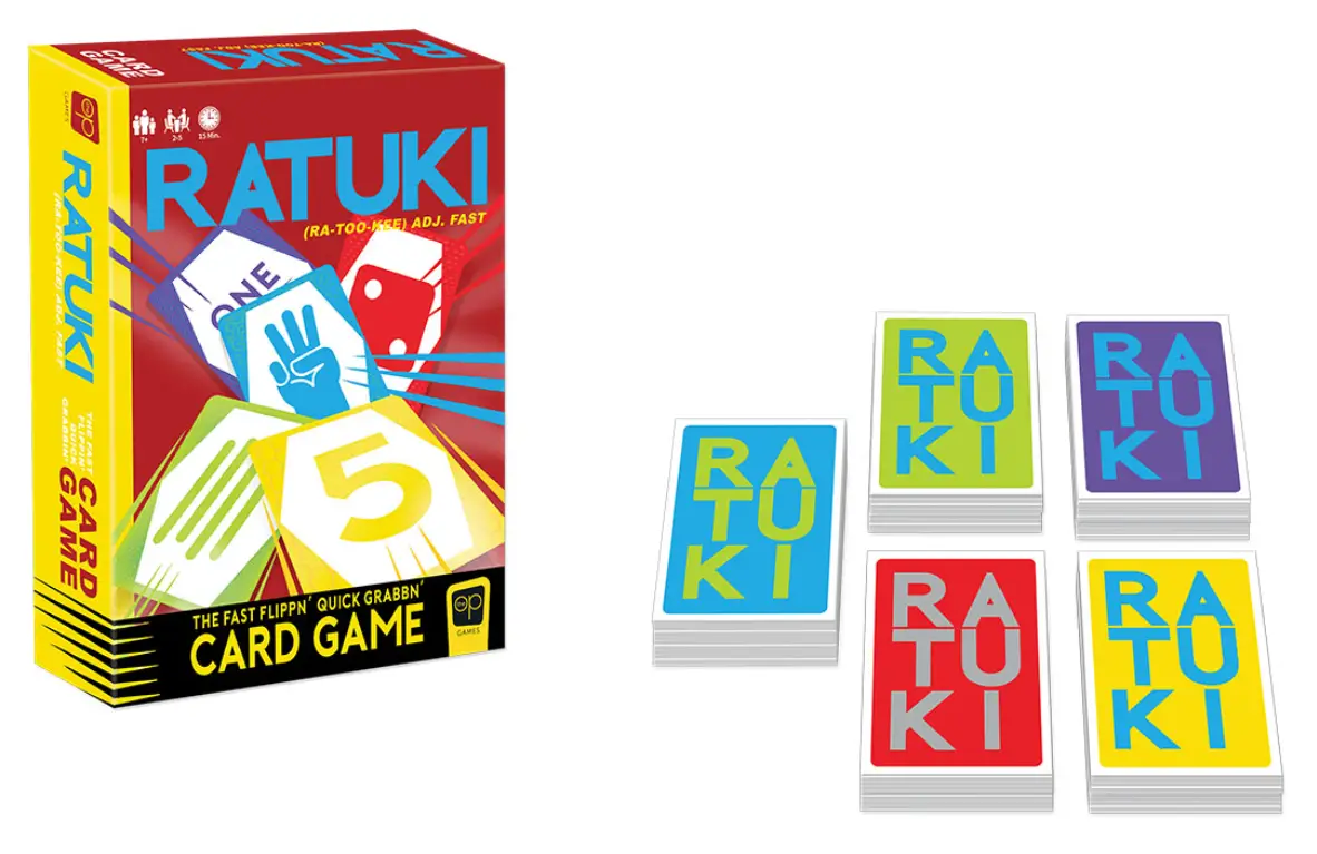 colorful cards with ratuki written on top next to the box 