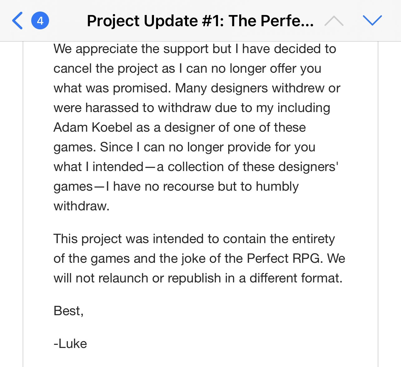 Kickstarter Update cancelling the project