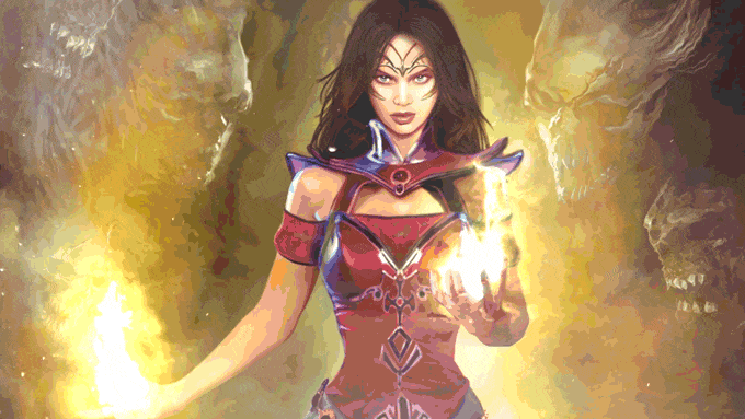 gif of women with fire in her hands, a sorcerer
