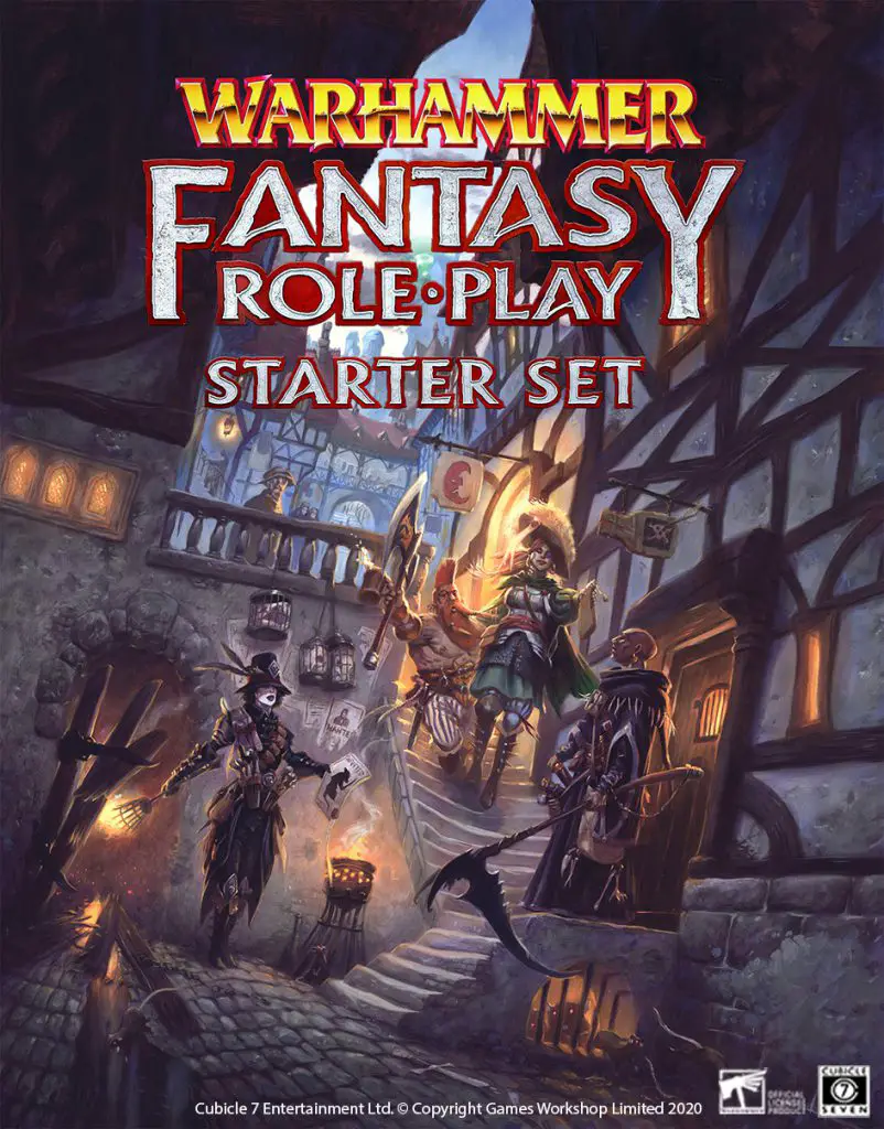 Cover of the Warhammer Fantasy Roleplay starter set. The image is of an adventuring party made up of a witch hunter, a noble, a dwarf slayer and a wizard of death walking through an old style city street. The street is dark and dirty, with rats and broken wooden doors.