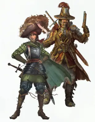 A female noble in armour with a big hat stands infront of a male witch hunter, also with a big hat.