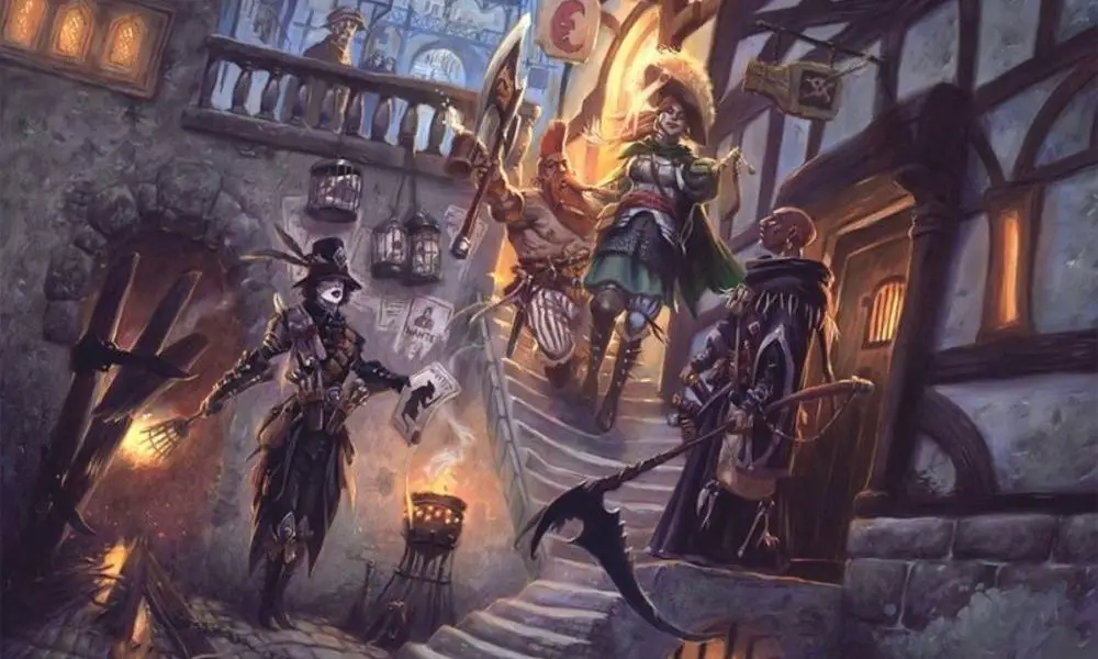 In an old medieval street a group of adventurers walk down some steep stairs. In the foreground is a witch hunter with a flaming torch, and a wizard with a scythe stands to their right. Behind the wizard comes a noble woman in a military uniform, and a orange haired dwarf with a massive axe.