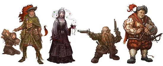 An array of characters from the game. A lawyer points at a beggar in the stocks. A witch casts a spell using a dead rat. A dwarf duellist holds their pistols at the ready. A charlatan shows off his one hundred percent genuine holy relic.