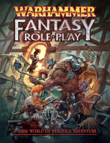 Cover of Warhammer Fantasy Roleplay, 4th edition. The subtitle proclaims it to be a grim world of perilous adventure. The image depicts a group of adventurers fighting a rat ogre. The adventurers include a mage, a slayer, a duellist and a noble fighter.