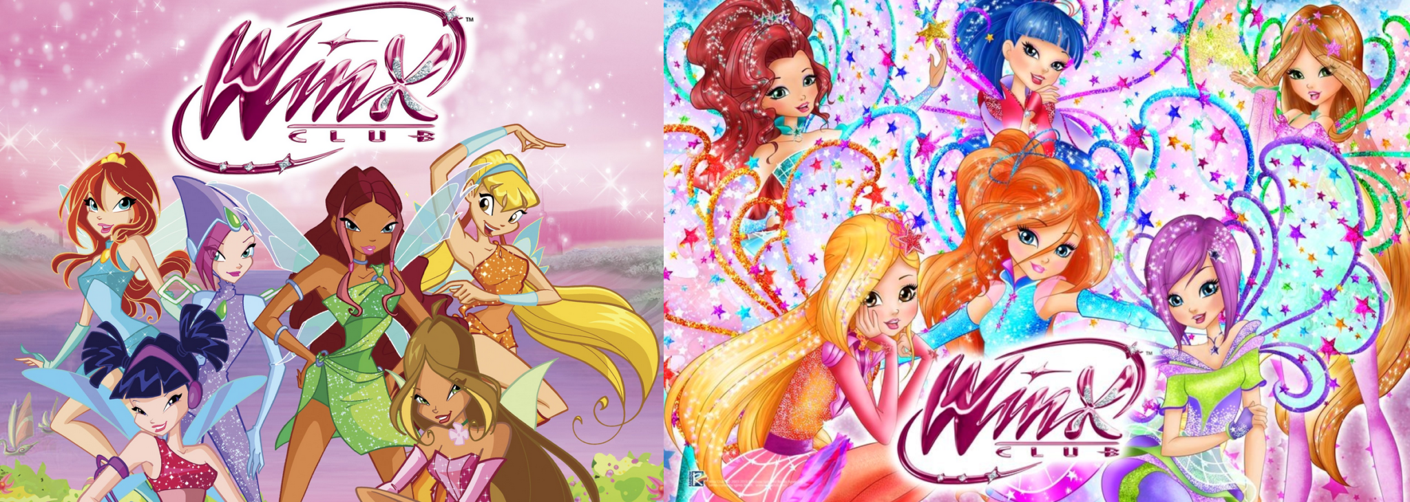 Two Winx artstyles; virant, colorful and stylized on the left, showing earlier seasons. Washed out colors and a significantly cutesy-er style called "Fairy Couture" on the right.