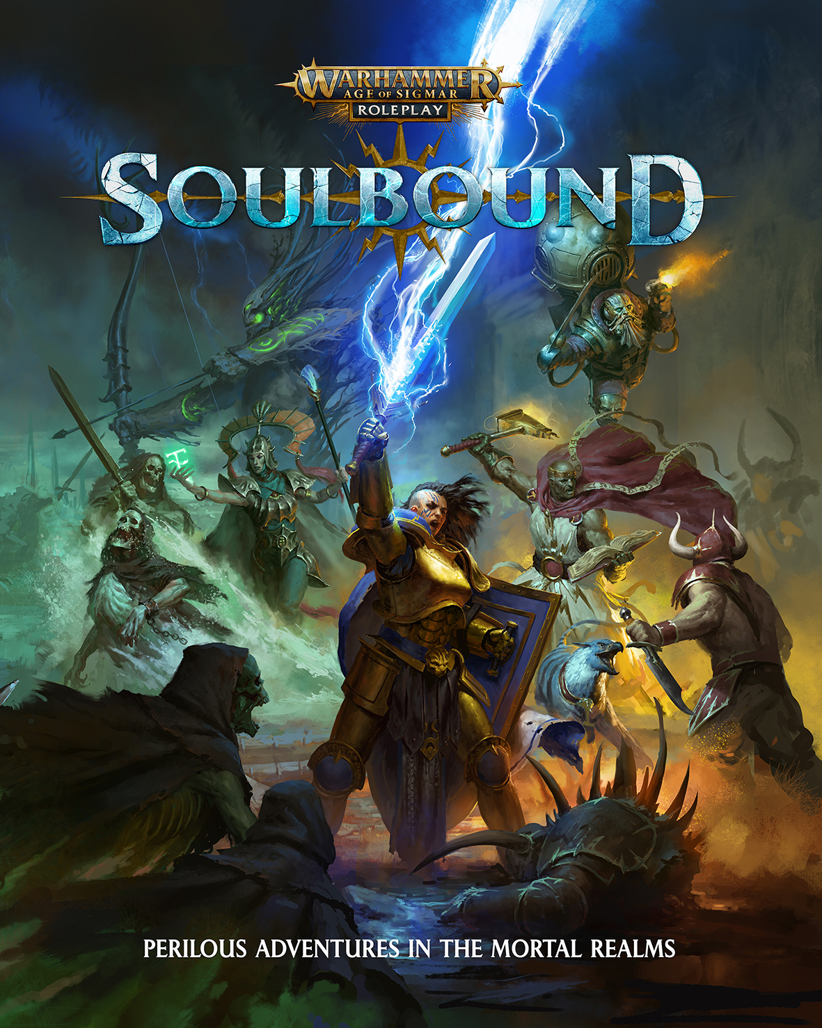 The soulbound cover page. A female warrior in armour holds a sword above her head as she calls lighting from it. Her allies: a flying dwarf pirate, a priest with a hammer, a treeman with a bow and an elven water sorcerer, help her fight off various undead and demonic enemies.