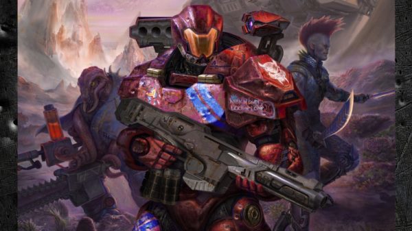 A humanoid in heavy sci-fi armour with a gun advances throughan alien planet. They are flanked on both sides by other armed aliens.