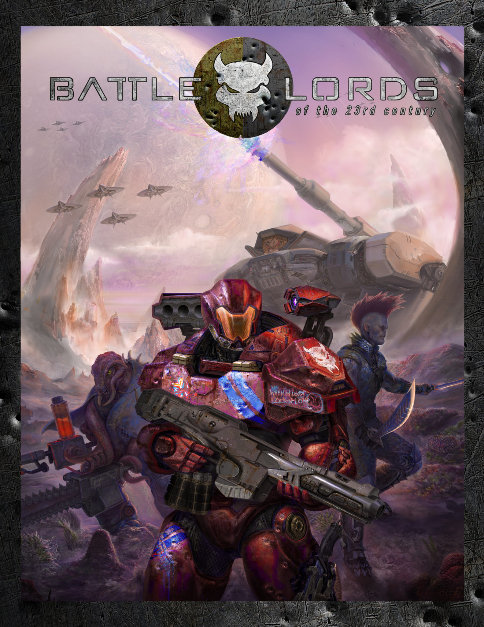 Cover image of Battlelords of the 23rd century. A heavily armed and armoured team of humanoids make their way through an alien war scene, with aircraft overhead and gigantic tanks behind them.