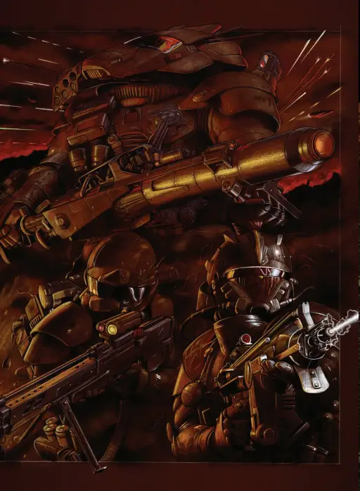 A dark scene of a trio of masked and armored fighters, one in a large mech suit, wielding guns.