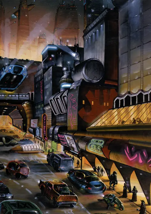 A futuristic street scene at night, with strange vehicles, aliens and very modern and stylized buildings.