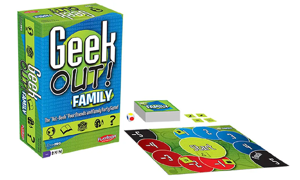 Geek Out! Family Trivia Perfect For Chaotic Game Night 1 green geek out family game box and board