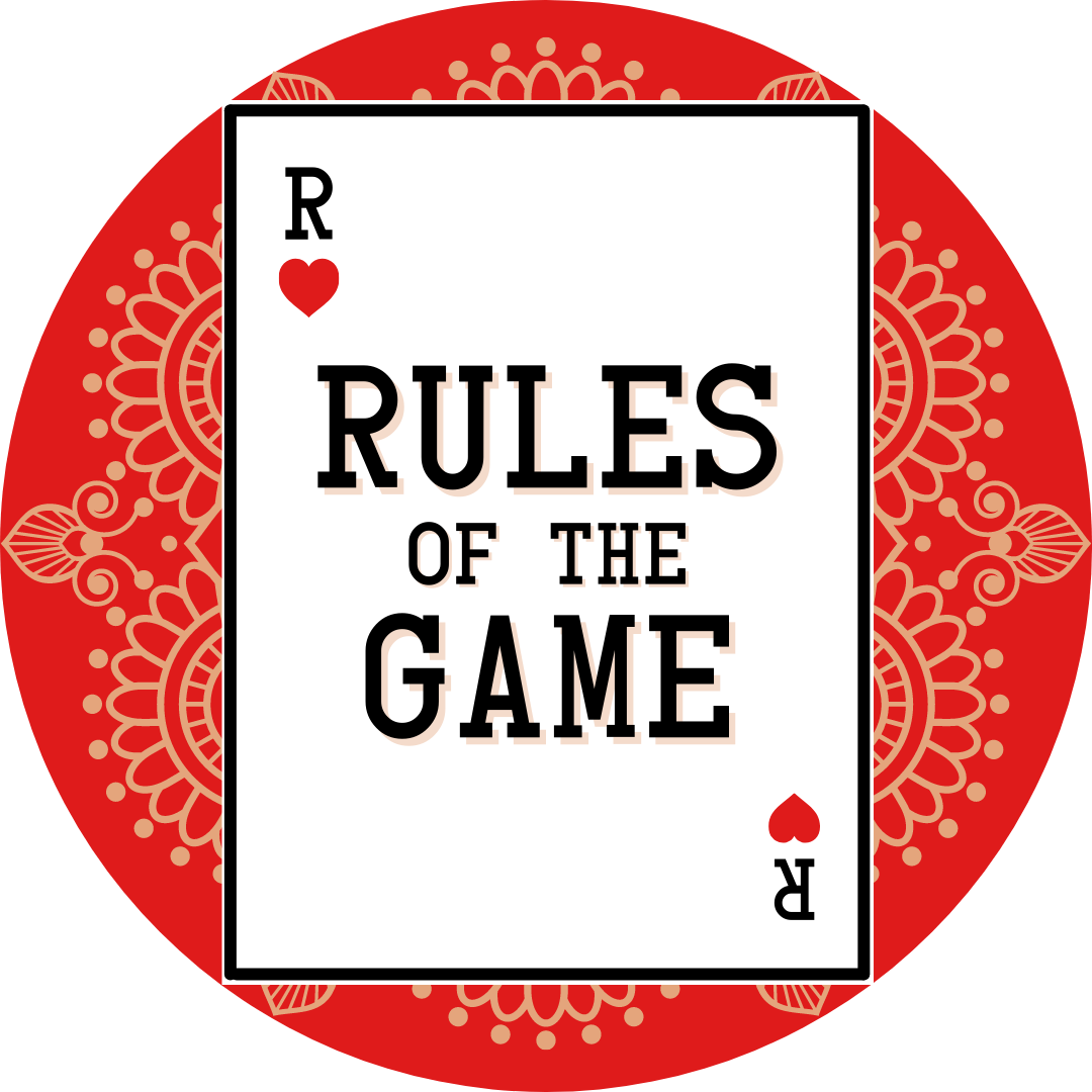 rules of the game logo, playing card on red background