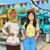 Pakistani girl wearing yellow hijab and South Korean girl in front of food trucks