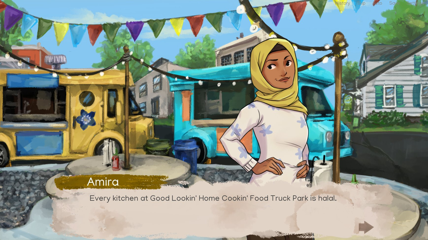pakistani girl wearing a yellow hijab against food truck backdrop