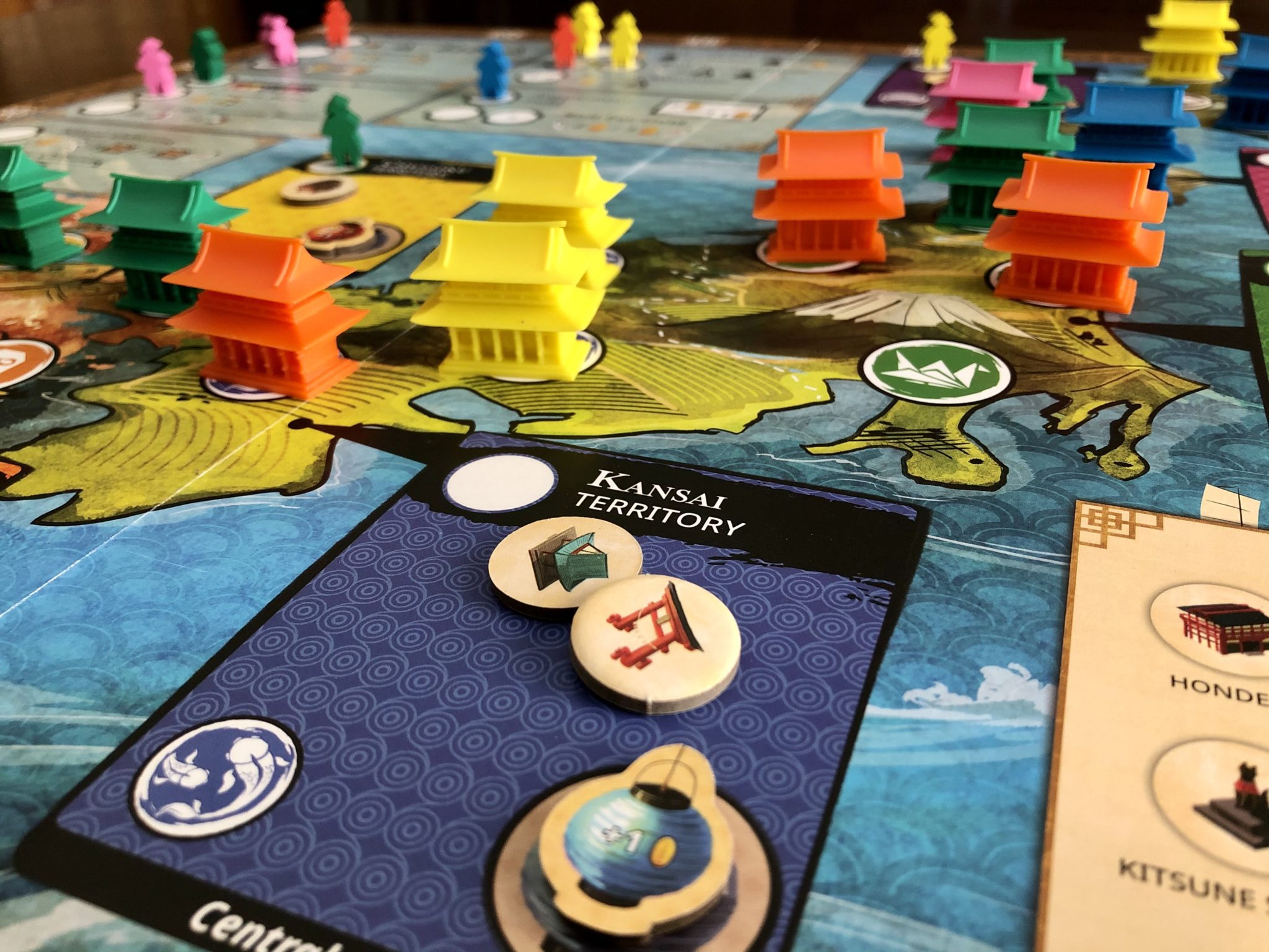 Jinja - A Beautiful Worker Placement Area Majority Game 5 Jinja board with components on top