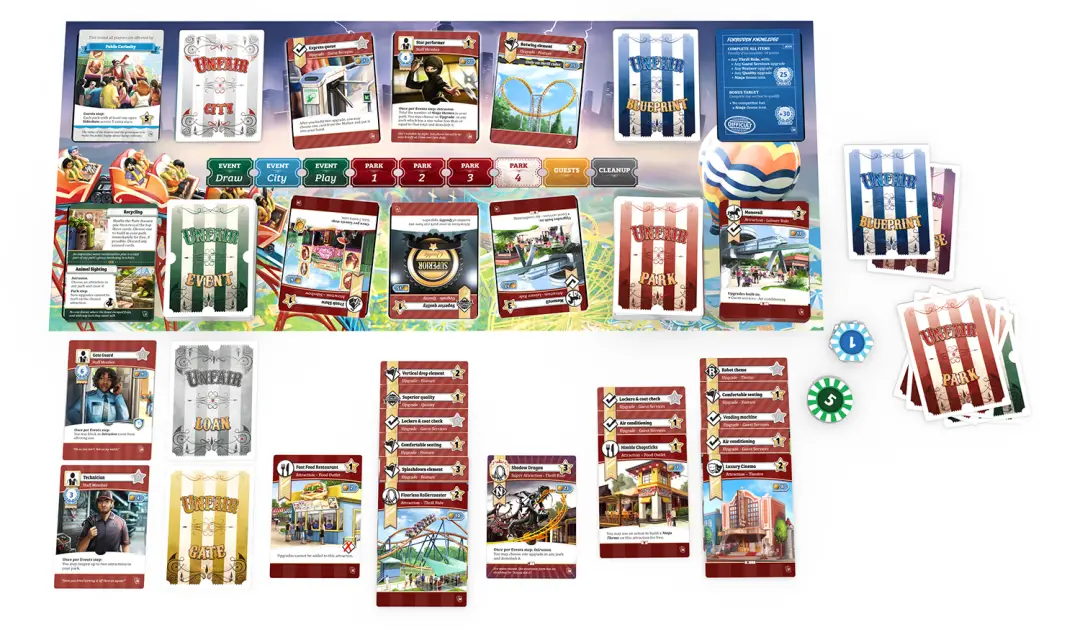 Unfair Is A Game of Deck Building, Theme Park Crafting, Chaos 3 Unfair setup