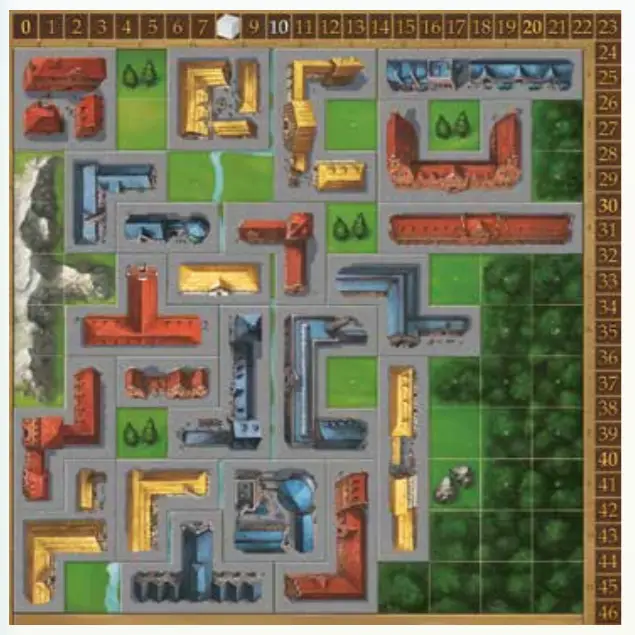 example game board with buildings laid out around the board