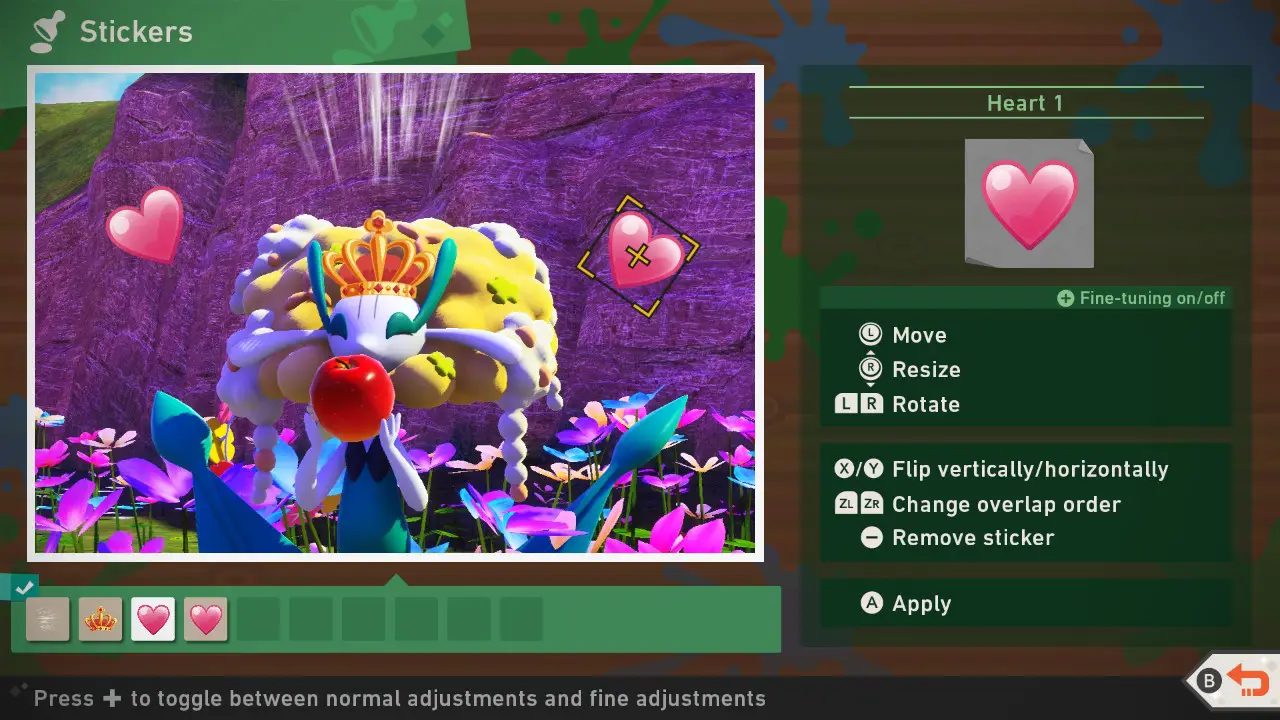 A screenshot of the game's photo editing system, demonstrating how players can layer stickers on top of the photos they take.  The given picture shows a flower pokemon surrounded by heart stickers.