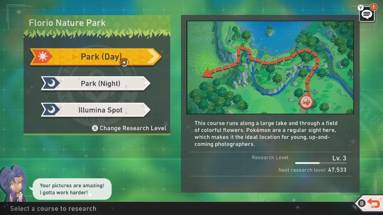 A screenshot of the game's trail menu for a given location, showing a map with multiple versions of the same route available to explore.