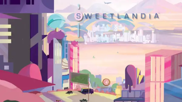 sweetlandia box cover with title in blue and above pastel buildings and lake