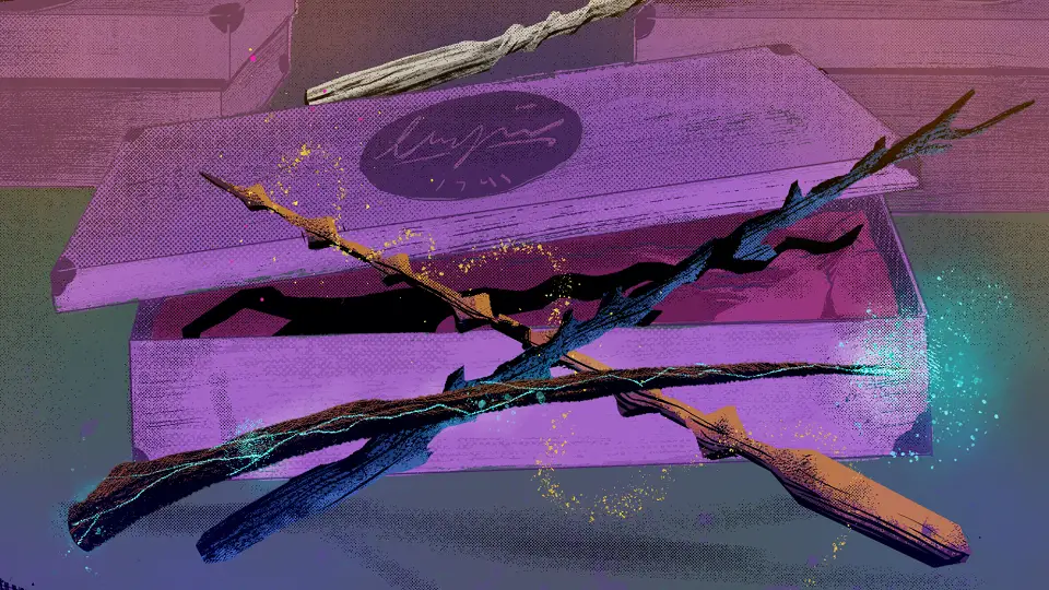 Duel Of Wands: Kids On Brooms is Unique in Structure 1 wands against a box on a purple background