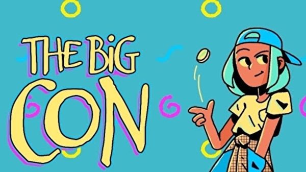 the big con in yellow against a turquoise backdrop and the main character on the right