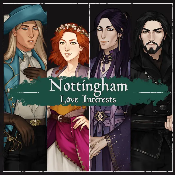 nottingham love interests, blonde white man, redhead white woman, purple haired nonbinary person, and white man with black hair