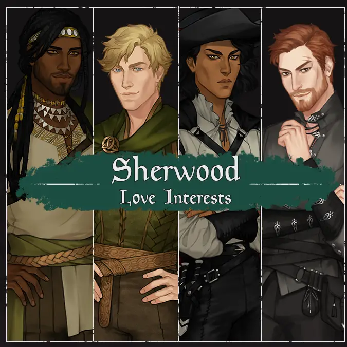 the four love interests in Sherwood Forest, from left to right are a dark skinned Black man, a white man, a darker skinned man, and a white man (druid) a Black man