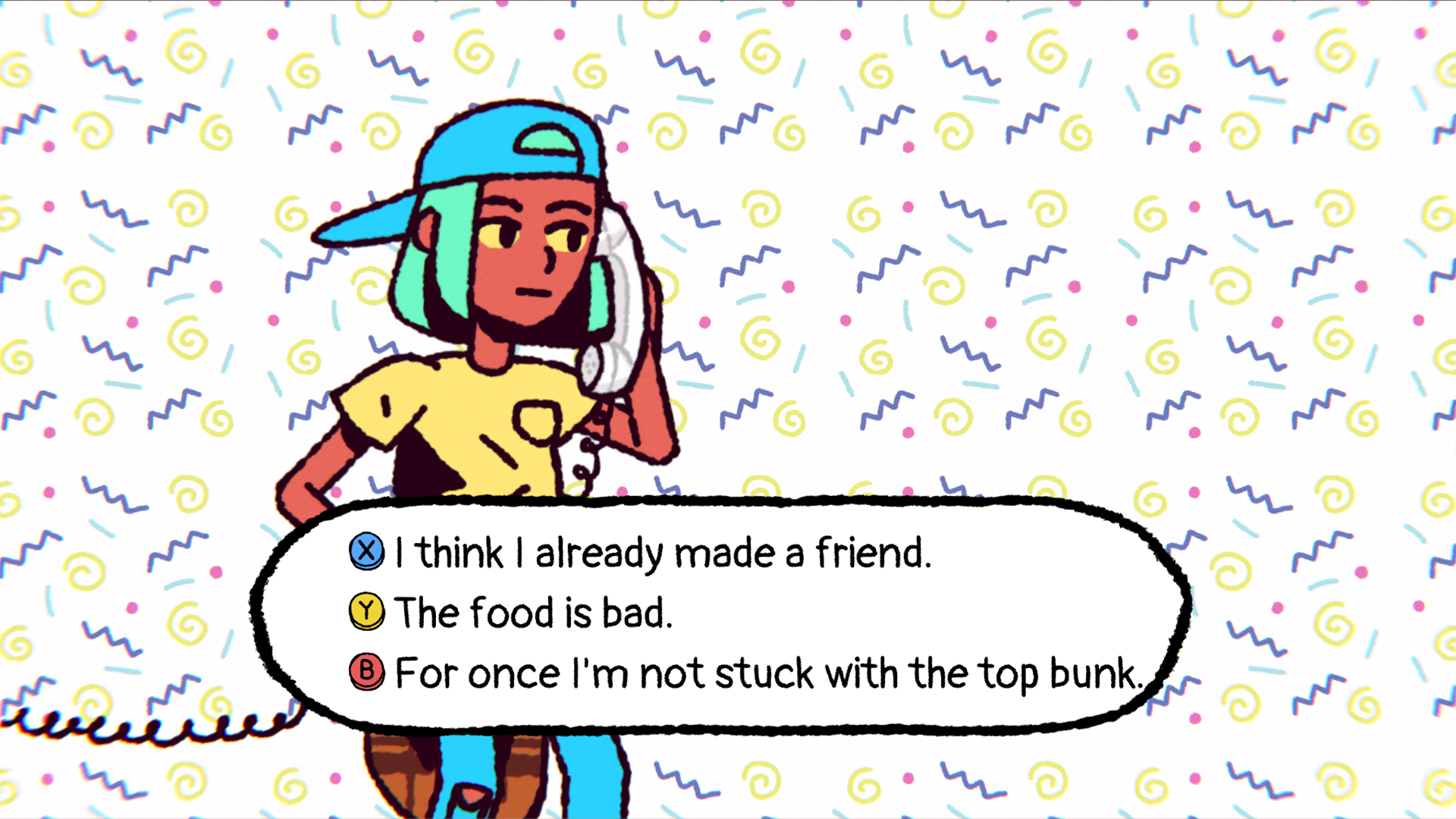 big con dialogue options, I already made a friend, the food is bad, and for once I'm not stuck with the top bunk