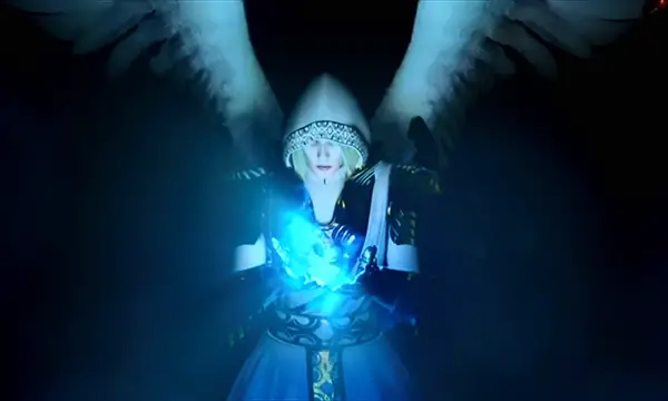 An in-game render of a woman with angel wings and magical blue energy in her hands.