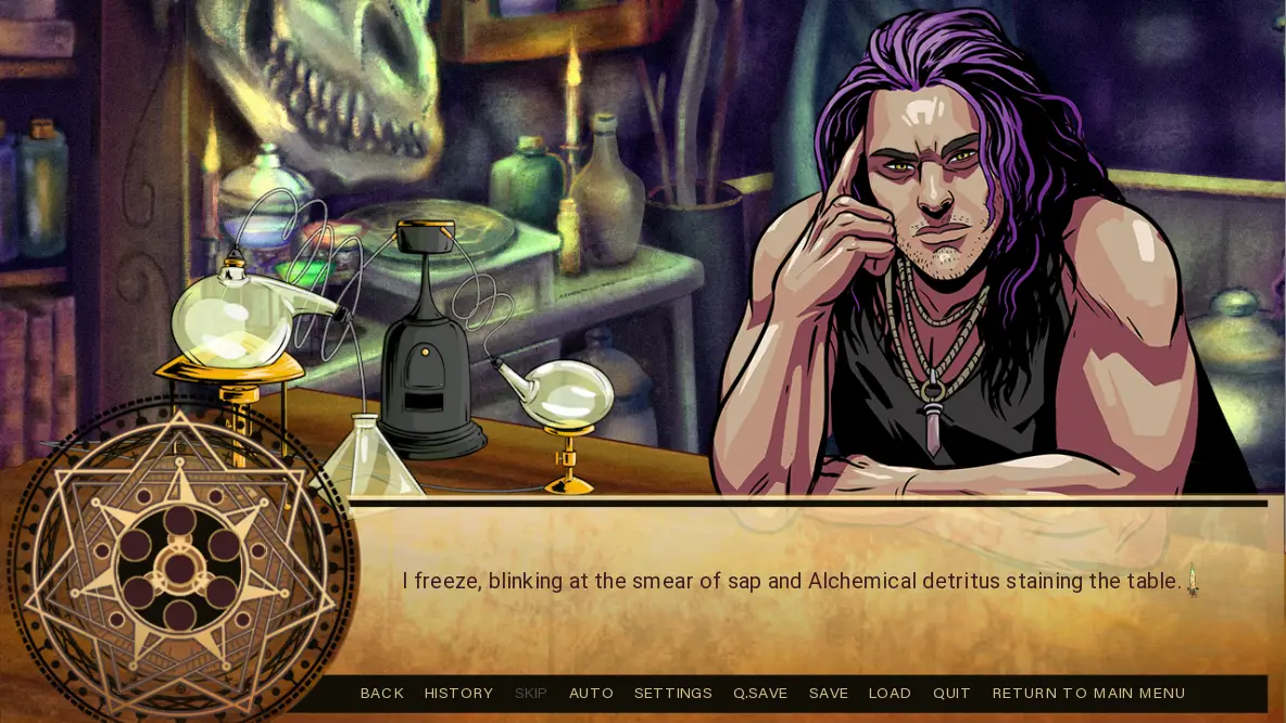 Alkahest Introduces Fascinating Dungeonpunk Universe 3 man with purple hair staring at player sitting at Alkahest table