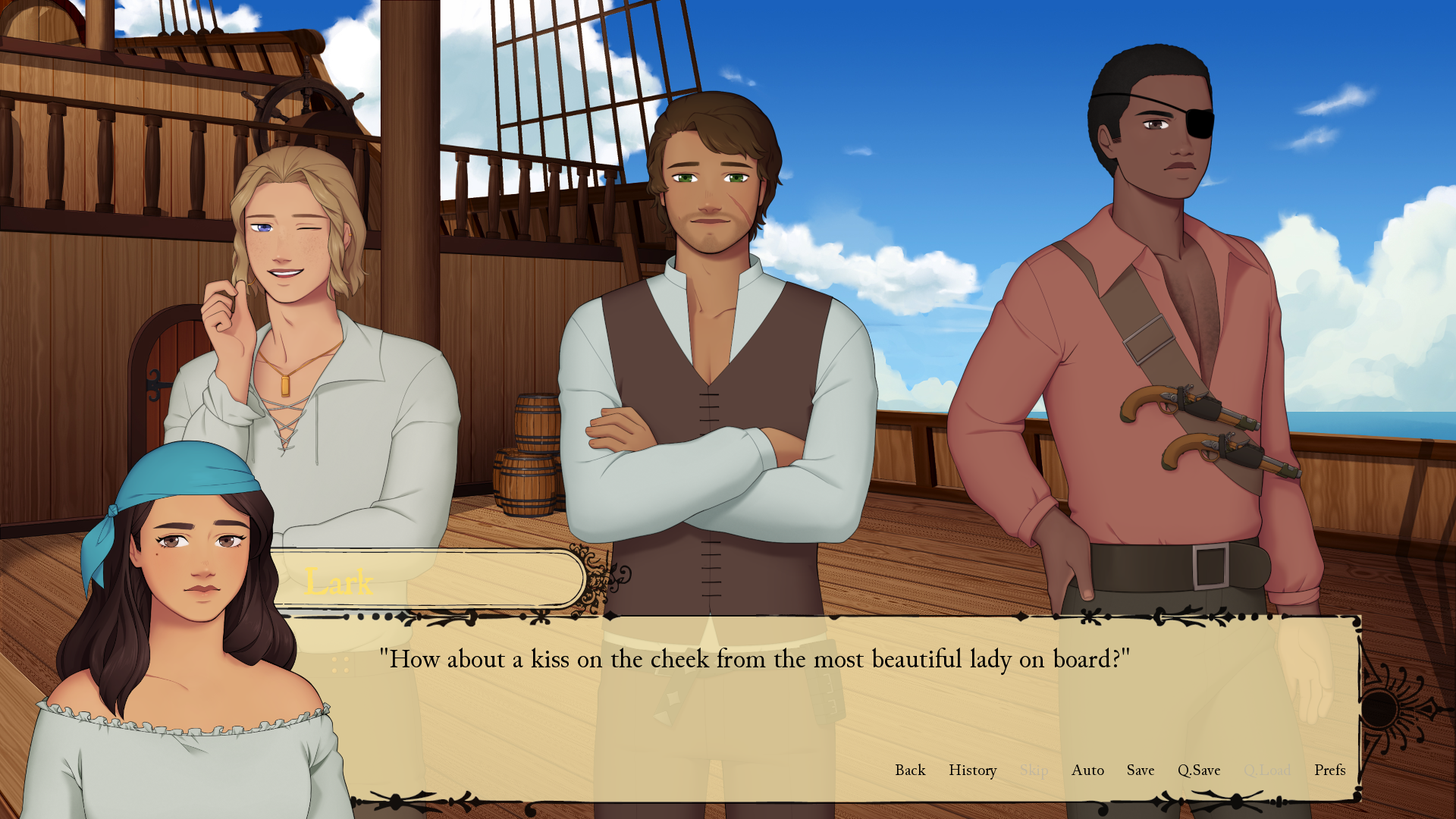 3 Otome Visual Novels with a Magical European Flair 3 a white man, puerto rican man, and Black man behind the art of Carlota, a spanish woman with a blue bandanna from Spanish Privateer