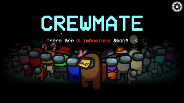 A group of fifteen variously colored spaceman characters stand under blue text that reads "Crewmate," and red text that reads "there are 3 imposters among us."
