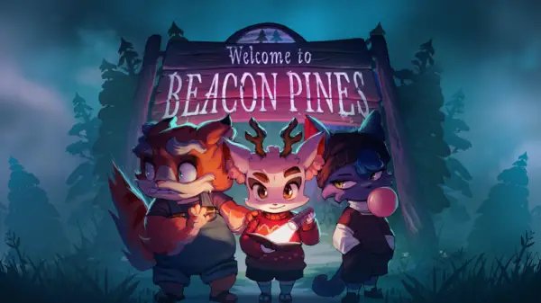 Beacon Pines sign with main characters